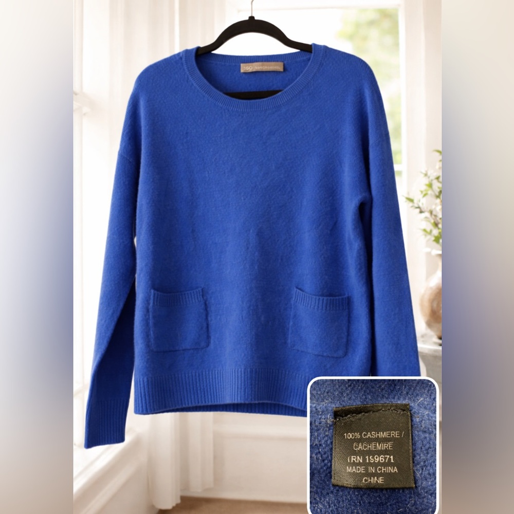 360 Cashmere 100% Cashmere boxy Sweater Blue Crewneck Pocket Knit Size SMALL